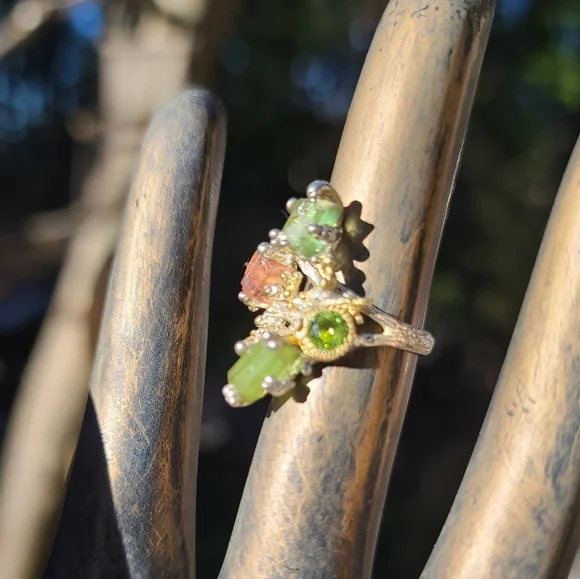 Turmulene green ocean & watermelon 🍉 w/Peridot sterling & gold ring sz6.5 - Picture 4 of 11